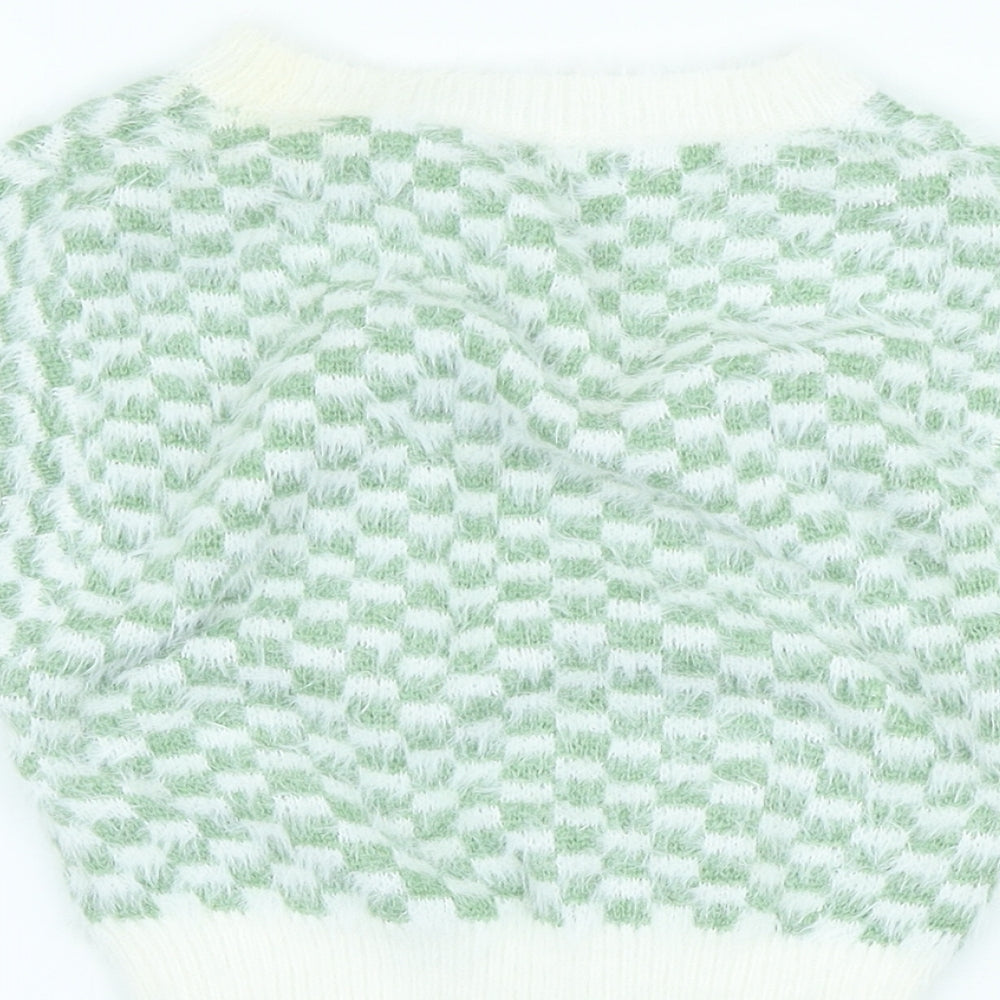 SheIn Womens Ivory High Neck Check Acrylic Pullover Jumper Size M - Cropped