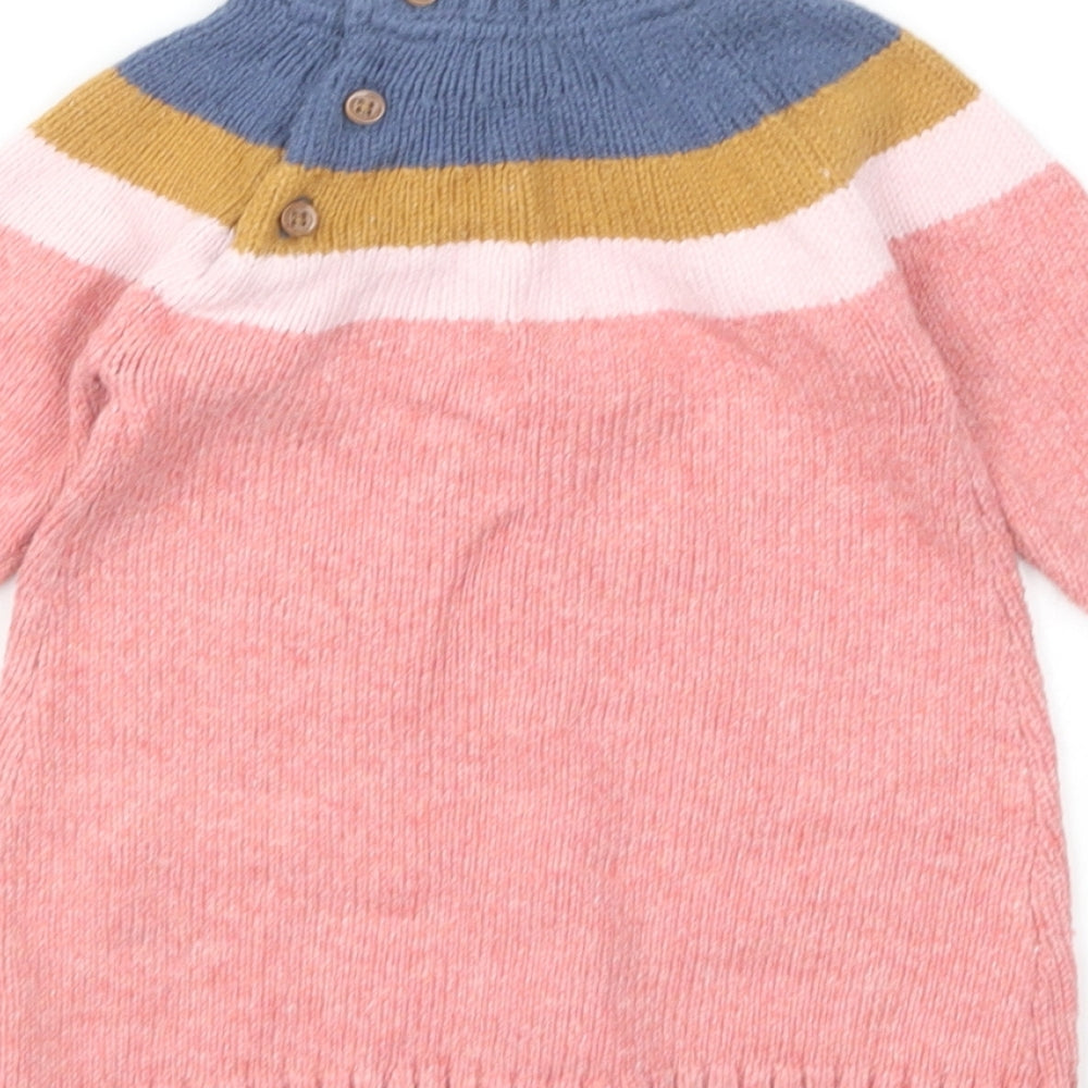 Marks and Spencer Girls Multicoloured Colourblock Cotton Jumper Dress Size 3-6 Months Round Neck Button