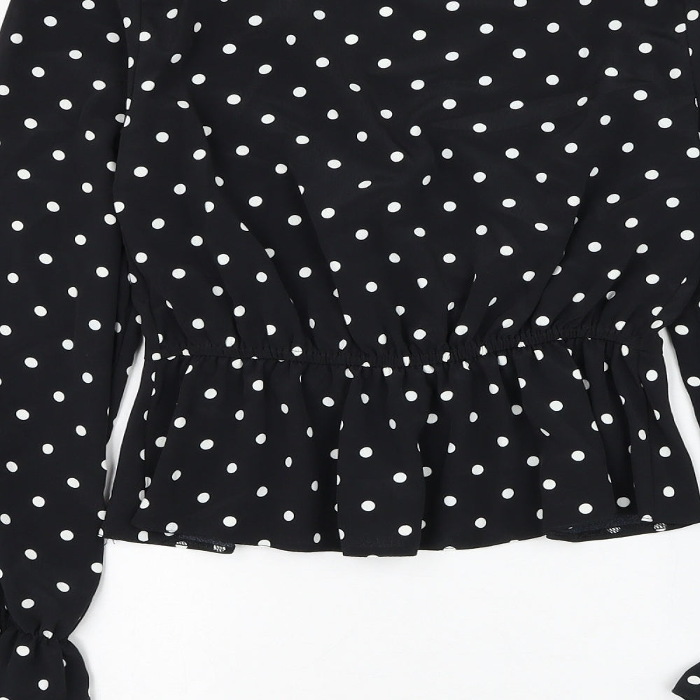 Miss Selfridge Womens Black Polka Dot Polyester Basic Blouse Size 8 V-Neck