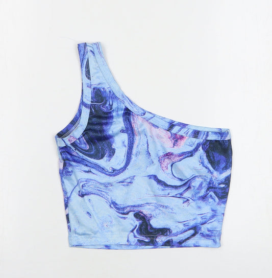 Shein Womens Blue Geometric Polyester Cropped Tank Size 6 One Shoulder - Marble Print
