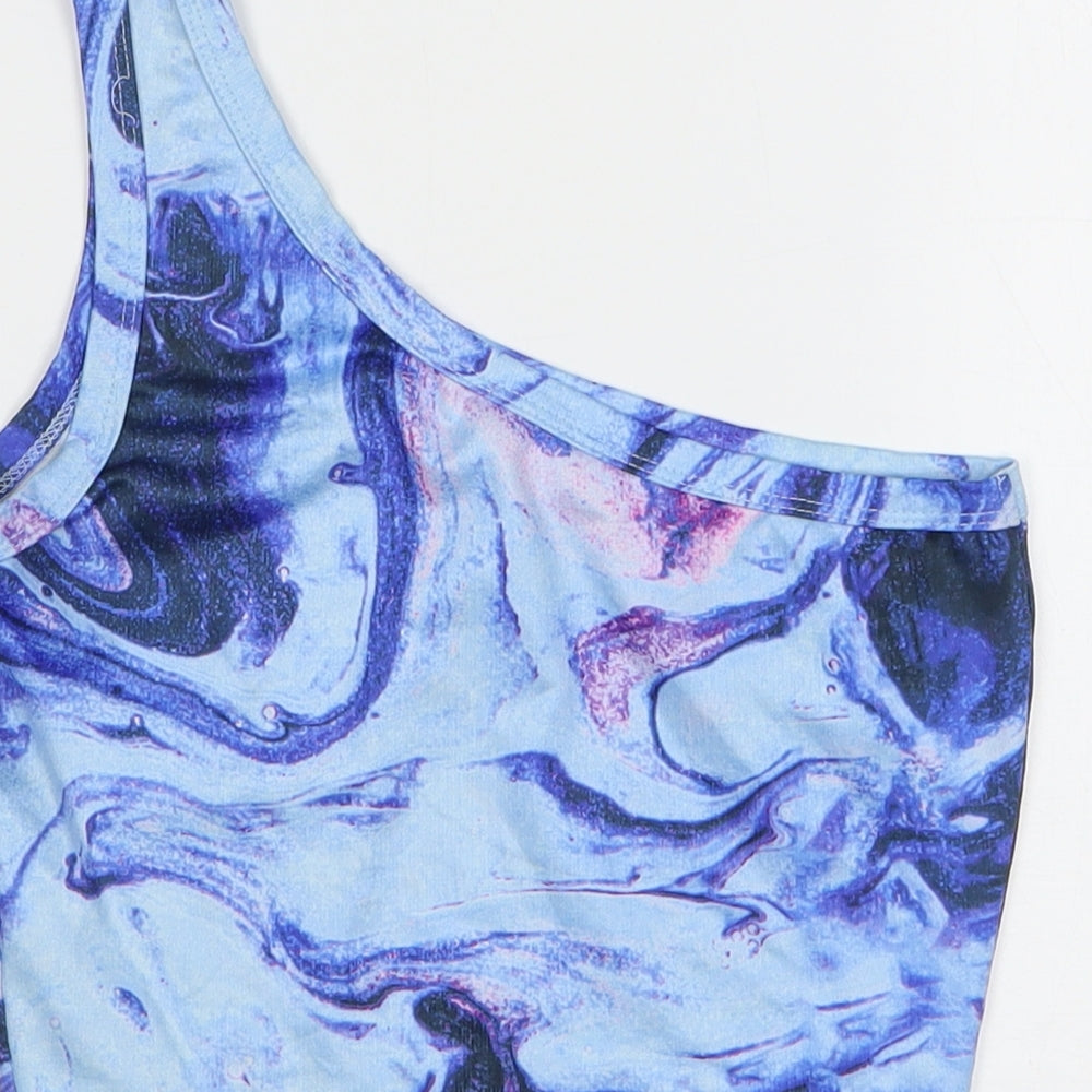 Shein Womens Blue Geometric Polyester Cropped Tank Size 6 One Shoulder - Marble Print