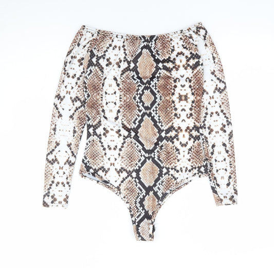 PRETTYLITTLETHING Womens Brown Animal Print Polyester Bodysuit One-Piece Size 8 Snap - Snake Skin Print