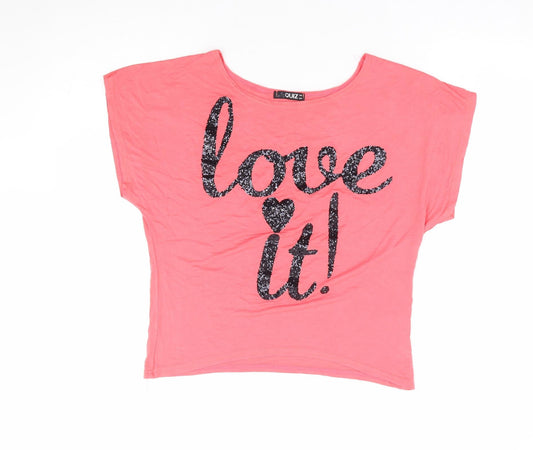 Quiz Womens Orange Viscose Cropped T-Shirt Size 8 Round Neck - Love Heart