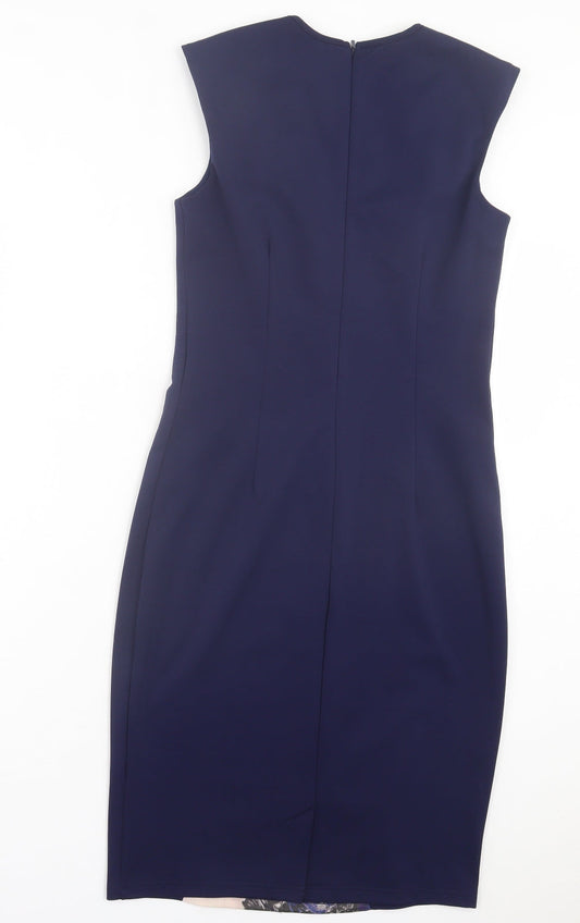 Little Mistress Womens Blue Floral Polyester Bodycon Size 10 Crew Neck Zip