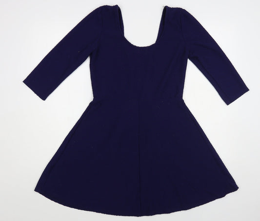 Miss Selfridge Womens Blue Polyester Skater Dress Size 12 Scoop Neck Pullover
