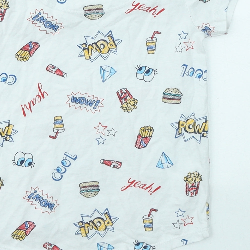 TU Boys White Geometric Cotton Basic T-Shirt Size 8 Years Round Neck - Fries Popcorn Cool Eyes Diamond