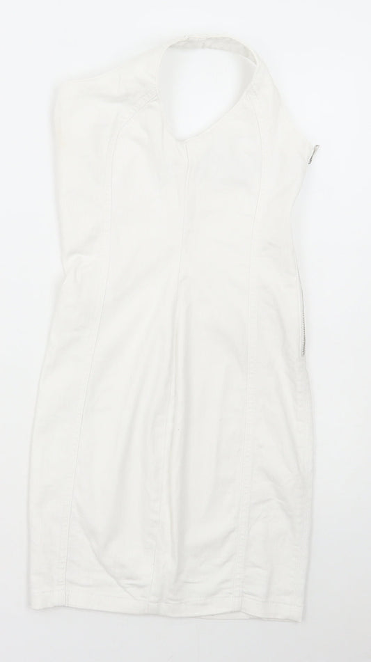 Denim & Co. Womens White Cotton Pinafore/Dungaree Dress Size 8 Halter Zip