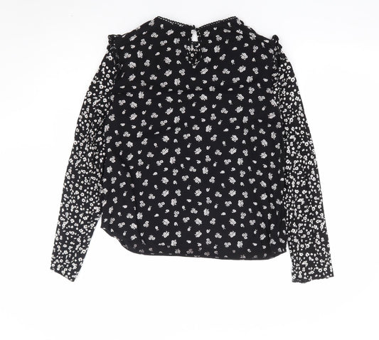 New Look Womens Black Floral Viscose Basic Blouse Size 10 Round Neck