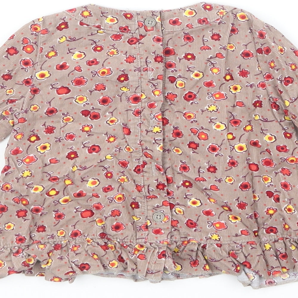 Marks and Spencer Girls Brown Floral Cotton Shift Size 6-9 Months Round Neck Button