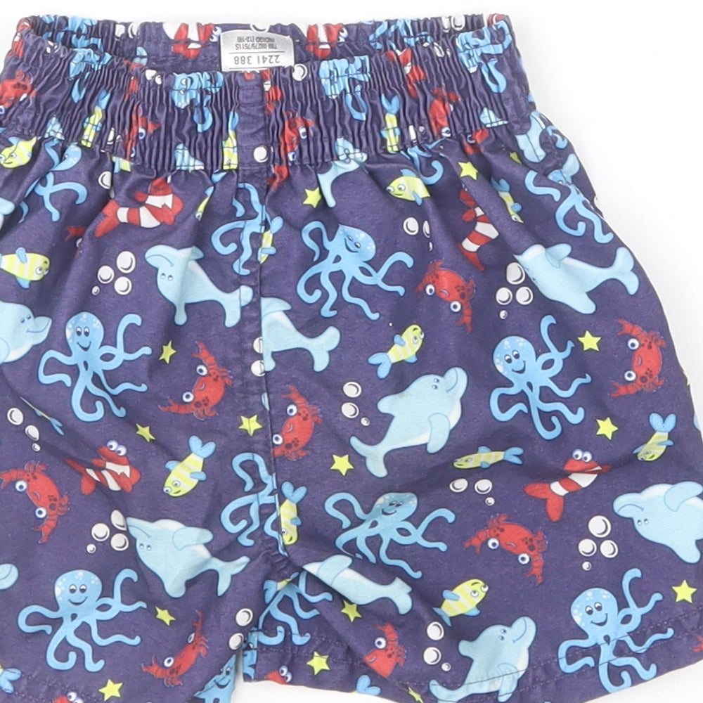 Marks and Spencer Boys Blue Geometric Polyester Cropped Trousers Size 12-18 Months Drawstring - Sea Creature Swim Shorts