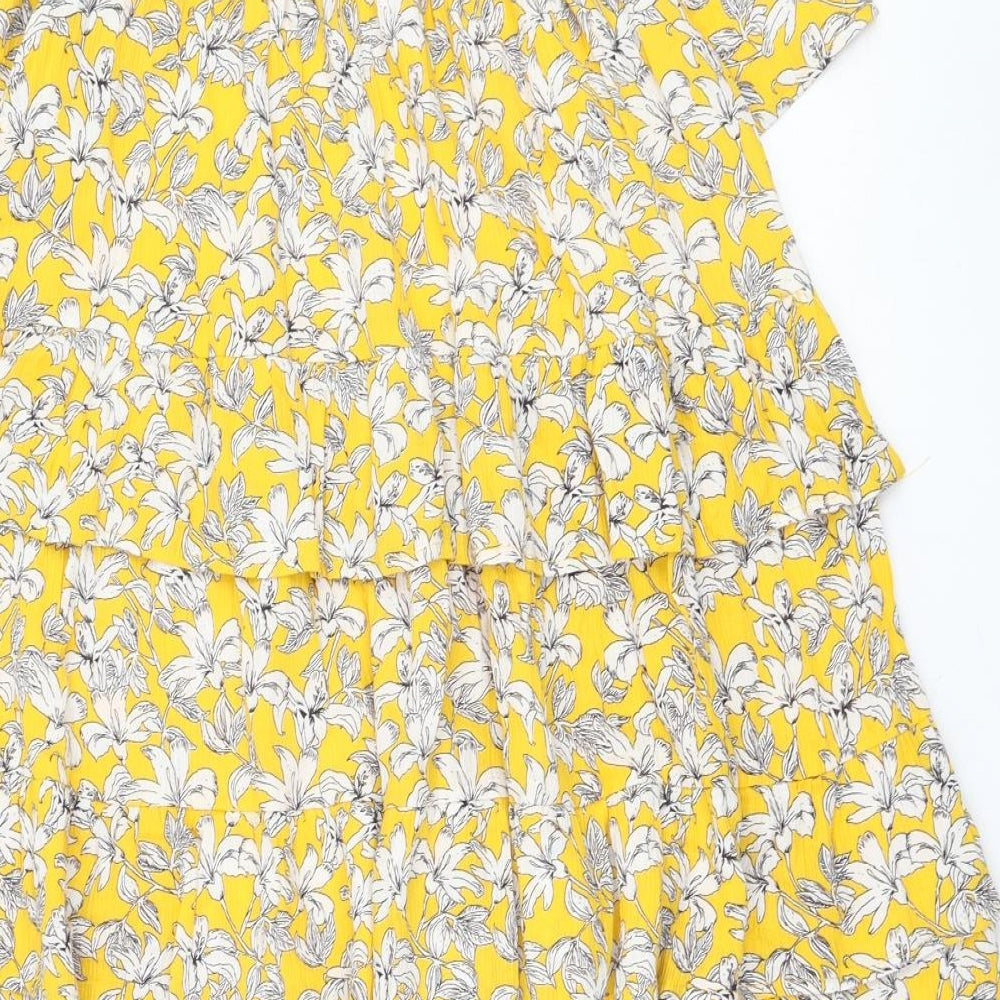 F&F Womens Yellow Floral Viscose Trapeze & Swing Size 10 Off the Shoulder Pullover - Tiered