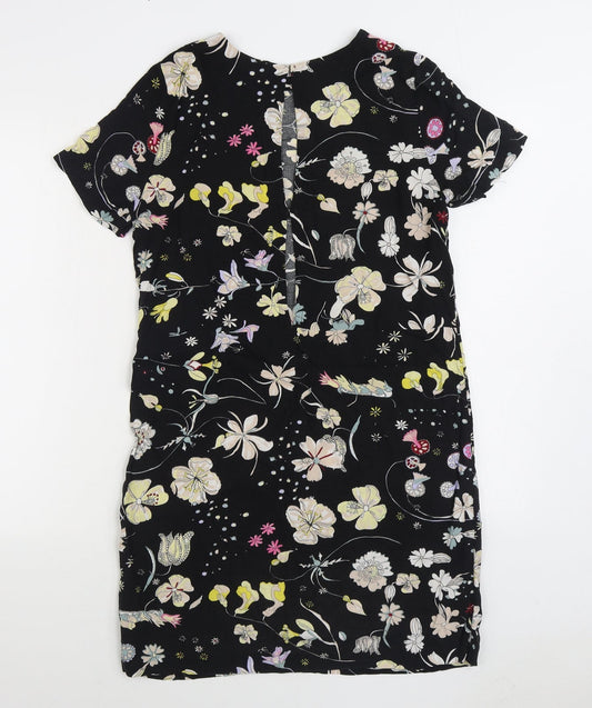 H&M Womens Black Floral Viscose Sheath Size 8 Boat Neck Button