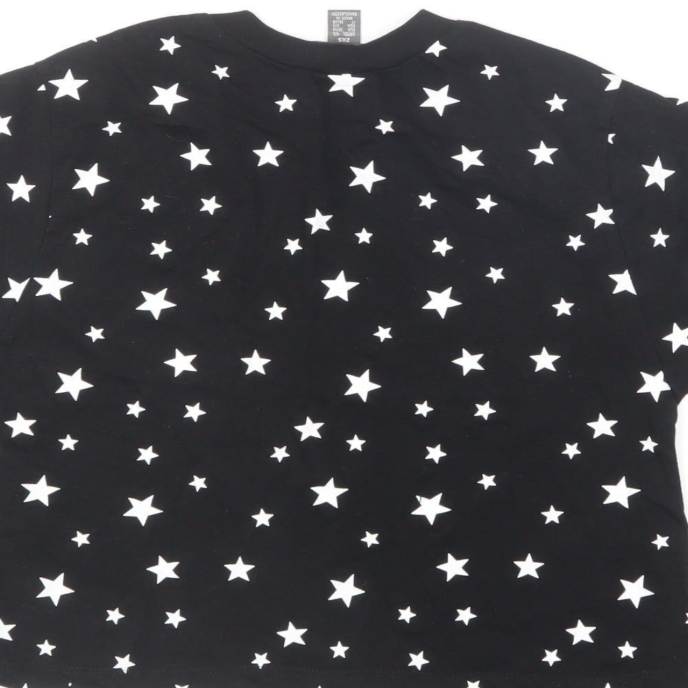 Primark Girls Black Geometric Cotton Cropped T-Shirt Size 2XS Round Neck Pullover - Star Print