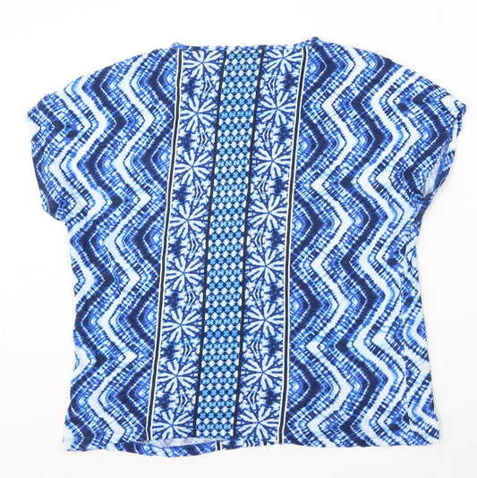 Olsen Womens Blue Geometric Polyester Basic Blouse Size L Round Neck