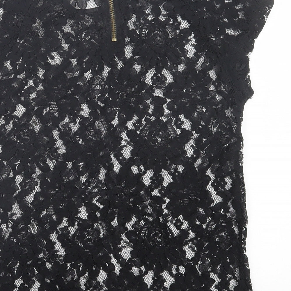 Definitions Womens Black Floral Polyester Basic T-Shirt Size 10 Crew Neck