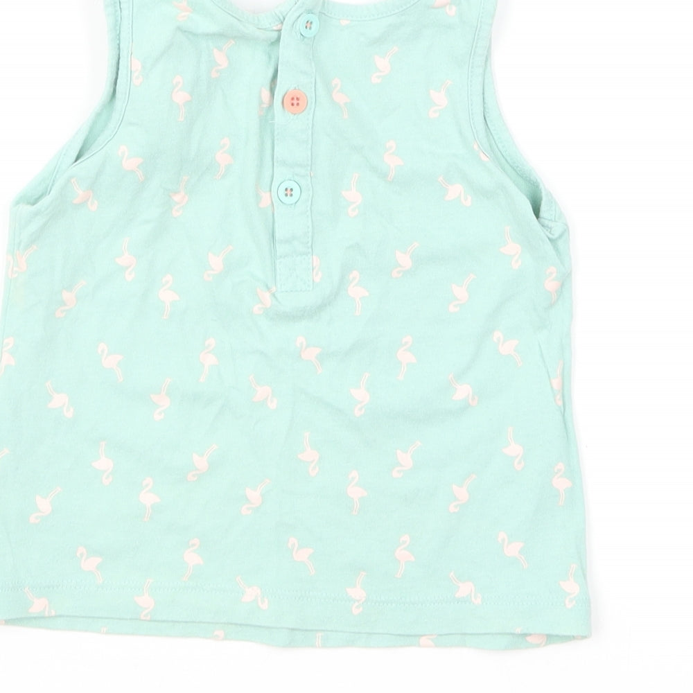 mamas & papas Baby Green Geometric Cotton Basic T-Shirt Size 18-24 Months Round Neck Button - Flamingo Print