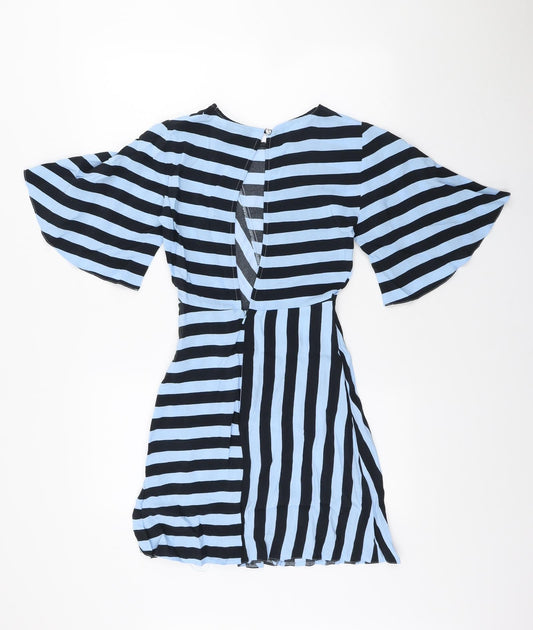 Topshop Womens Blue Striped Viscose Shift Size 6 Scoop Neck Hook & Loop
