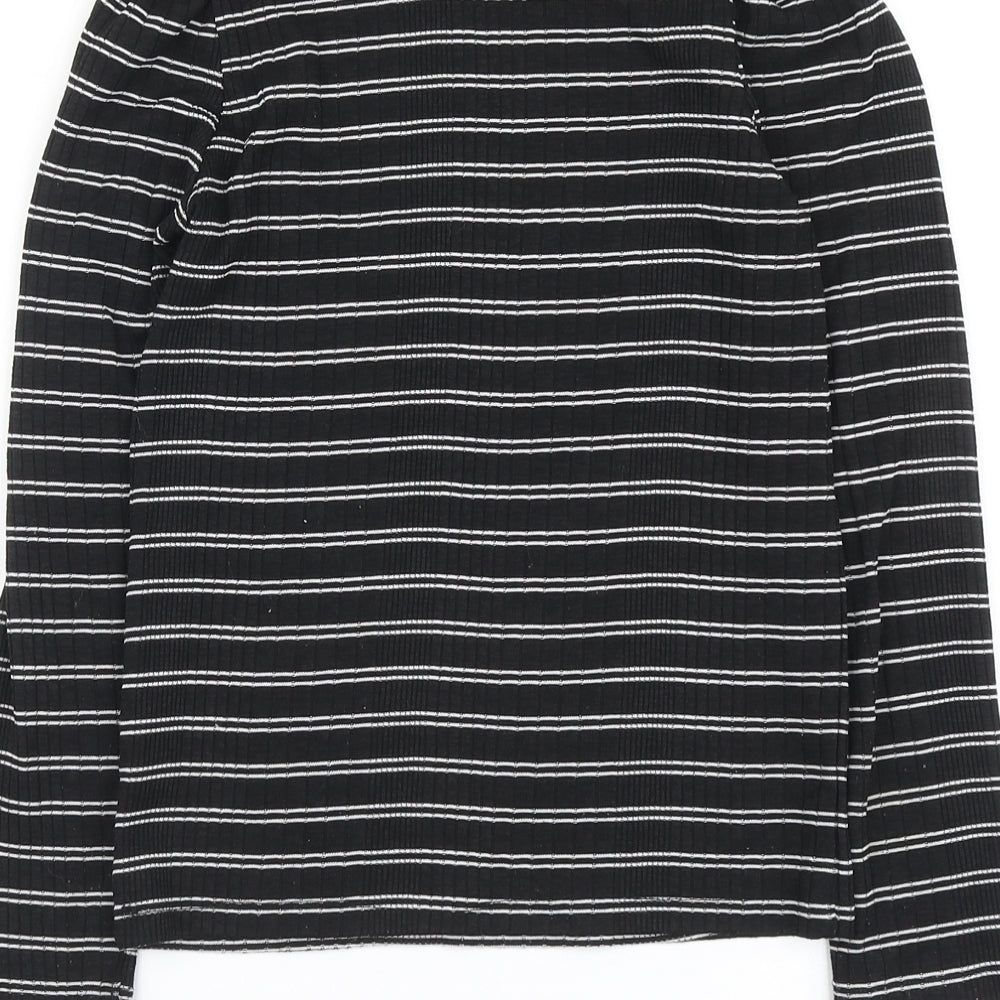 F&F Girls Black Striped Polyester Basic T-Shirt Size 9-10 Years Round Neck Pullover - Ribbed