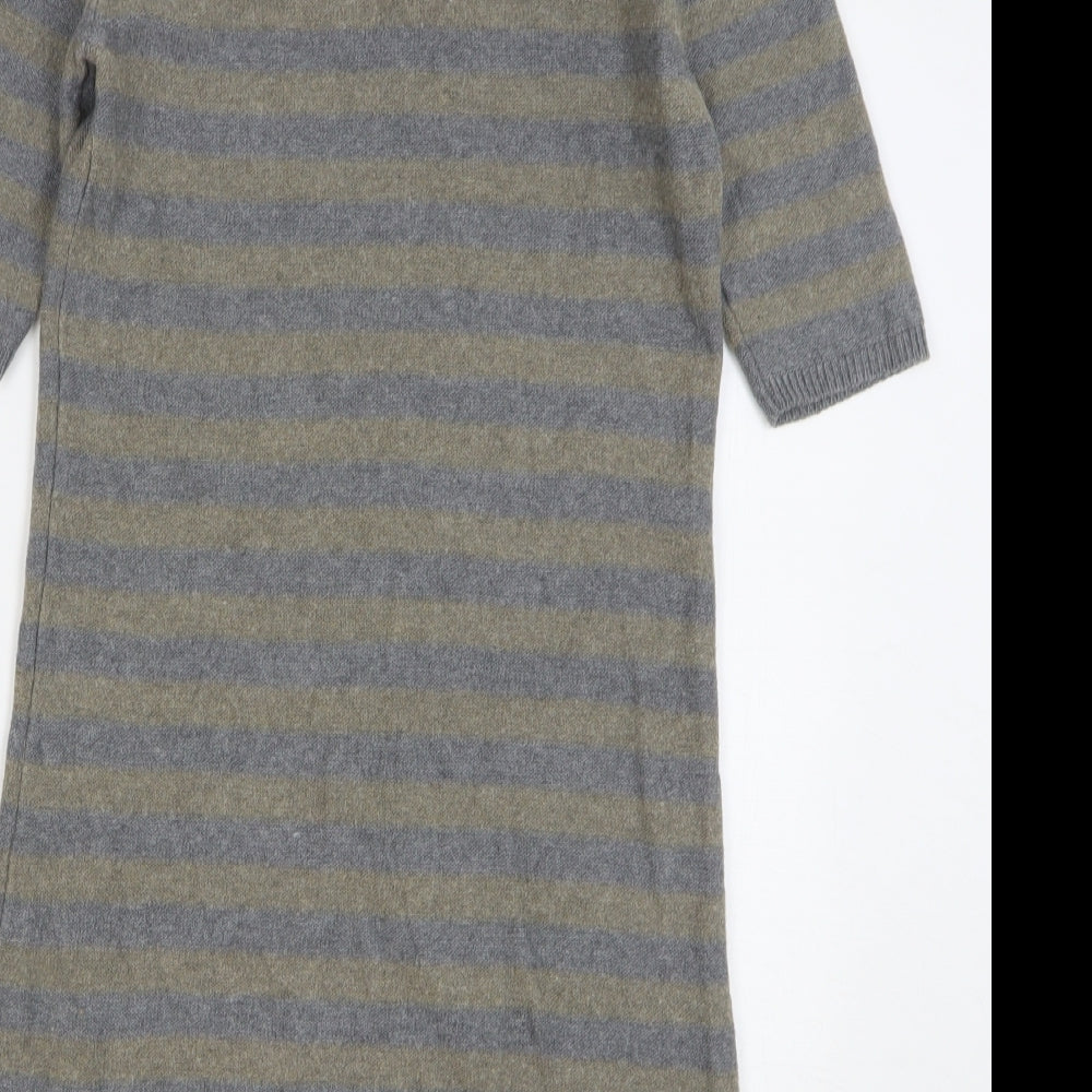 Oui Womens Grey Striped Cotton Jumper Dress Size 10 Round Neck Zip