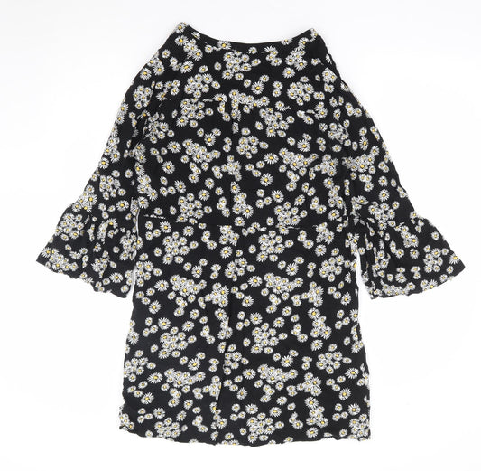 Papaya Womens Black Floral Viscose A-Line Size 10 V-Neck Button