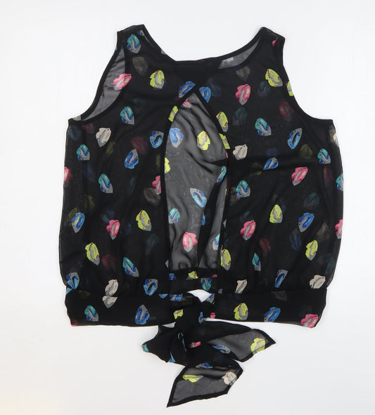 George Womens Black Geometric Polyester Basic Blouse Size 14 Round Neck - Lips