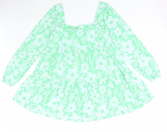 ASOS Womens Green Floral Cotton Shift Size 10 Square Neck Pullover