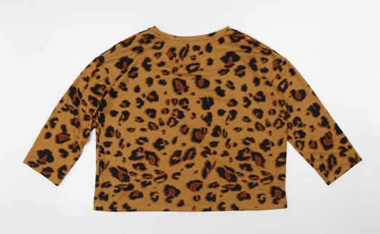 F&F Womens Yellow Round Neck Animal Print Polyester Pullover Jumper Size 14 - Leopard Print