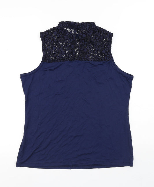 TU Womens Blue Floral Polyamide Basic Tank Size 14 High Neck - Flowers