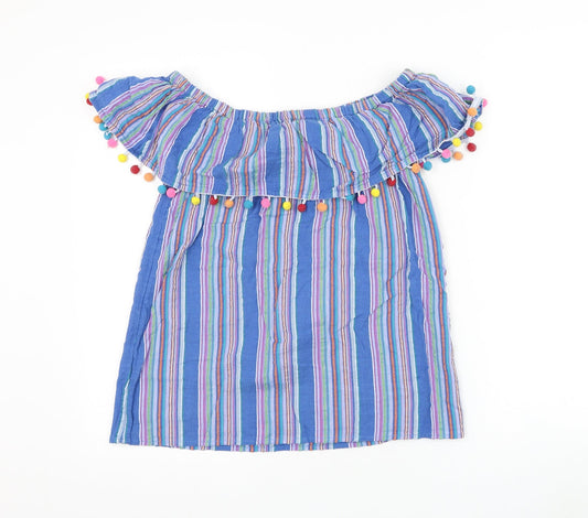 F&F Womens Blue Striped Cotton Basic Blouse Size 12 Off the Shoulder