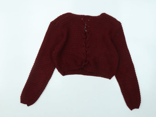 Boohoo Womens Red V-Neck Acrylic Pullover Jumper Size M