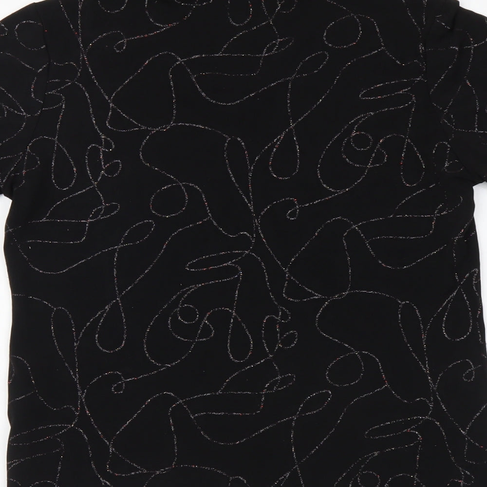 EWM Womens Black Geometric Polyester Basic T-Shirt Size S V-Neck