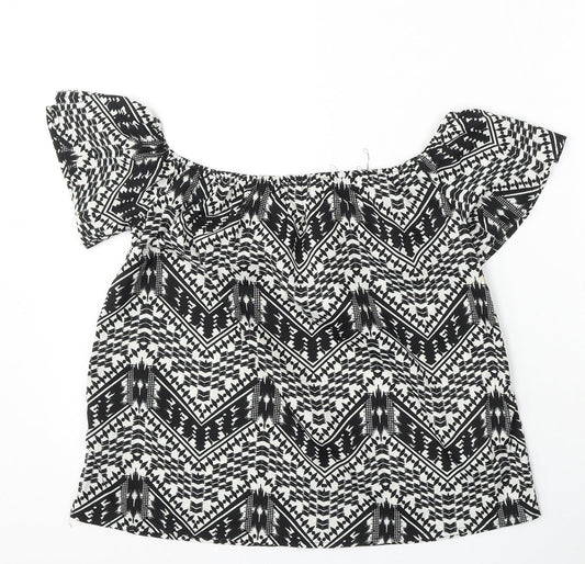 Primark Womens Black Geometric Polyester Basic Blouse Size 8 Round Neck
