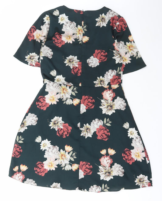 New Look Womens Multicoloured Floral Polyester Fit & Flare Size 10 V-Neck Zip