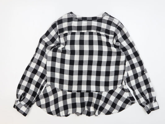 George Womens Black Check Modal Basic Button-Up Size 14 Round Neck