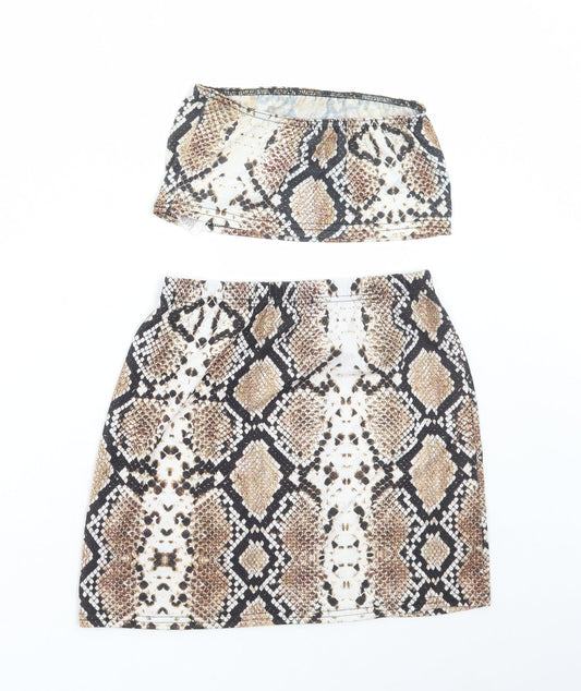 PRETTYLITTLETHING Womens Brown Animal Print Polyester Skirt/ Skort Set Outfit/Set Size 12 Pullover - Snake Print