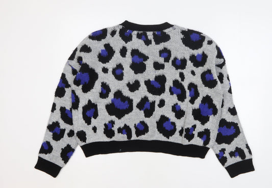 Primark Womens Grey Round Neck Animal Print Acrylic Pullover Jumper Size 10 - Leopard Print