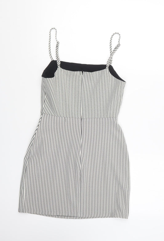 Pull&Bear Womens Grey Striped Polyester A-Line Size S Square Neck Zip