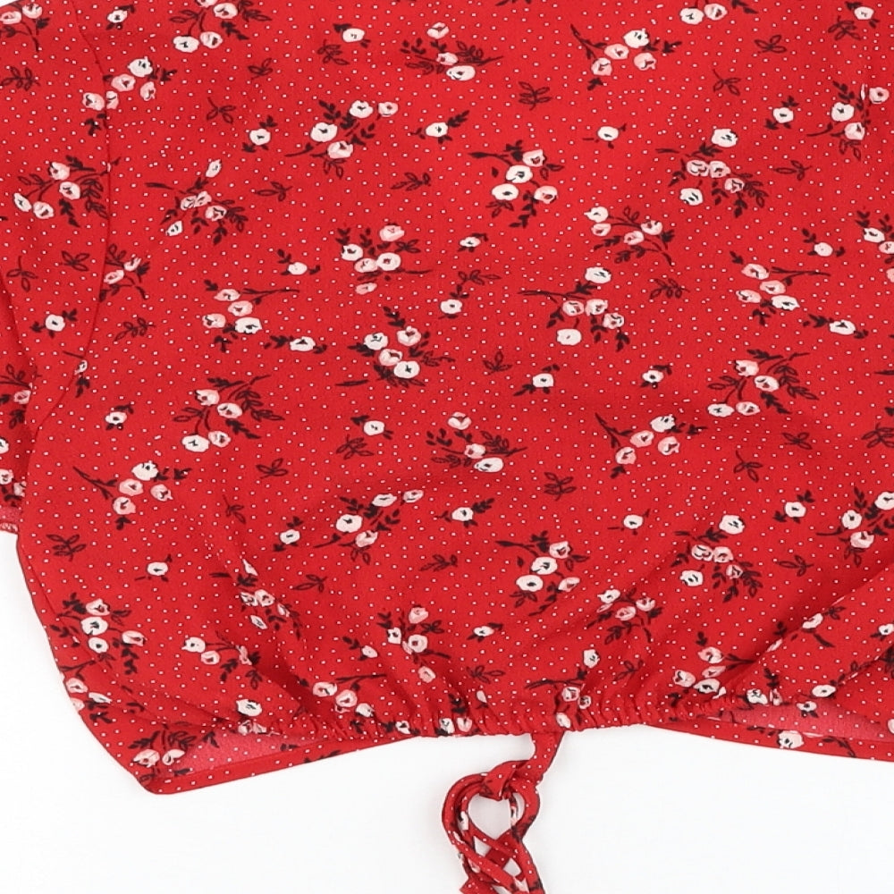 Miss Selfridge Womens Red Floral Polyester Cropped Blouse Size 6 V-Neck