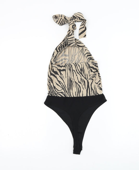 Boohoo Womens Beige Animal Print Polyester Bodysuit One-Piece Size 6 Snap