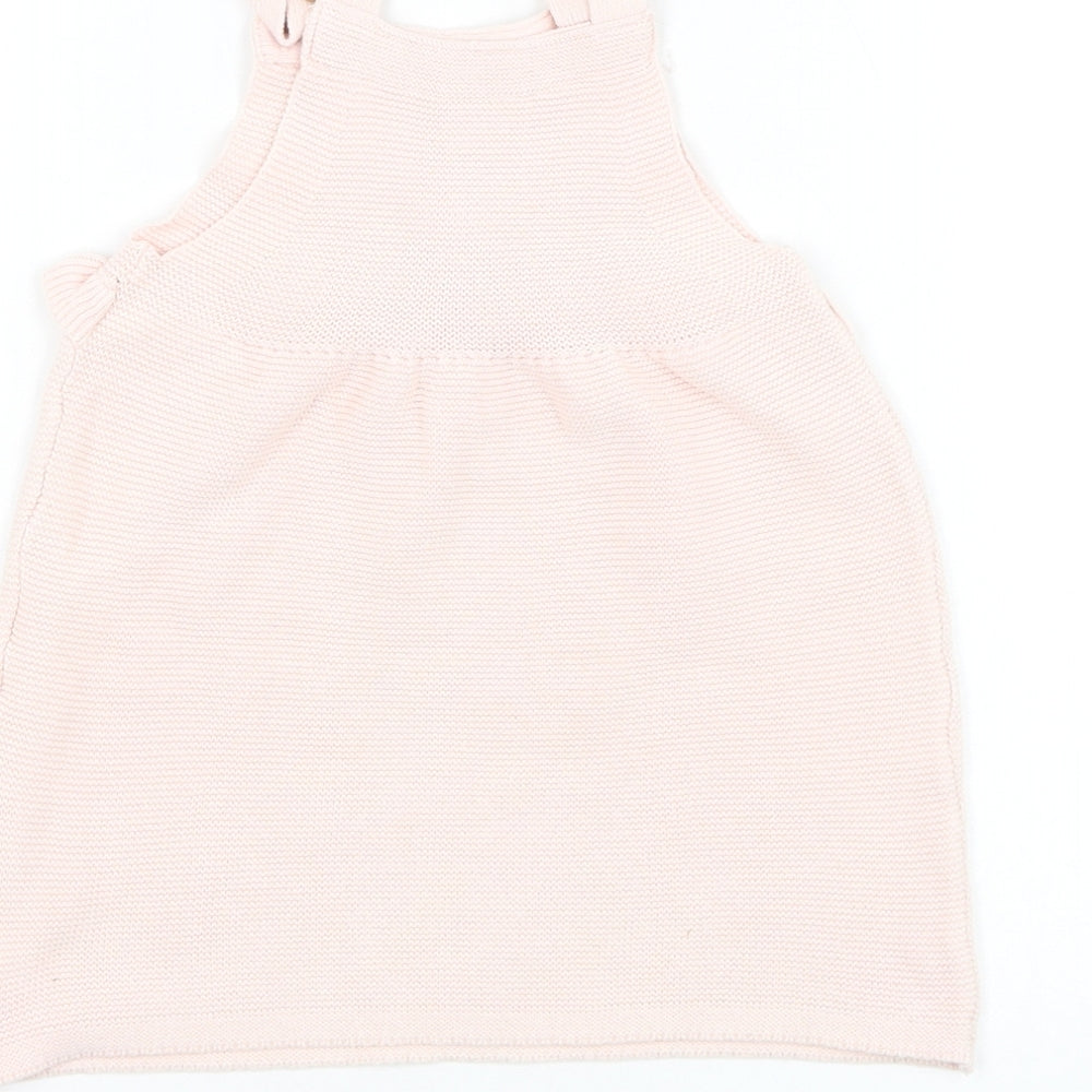 F&F Girls Pink Cotton Pinafore/Dungaree Dress Size 12-18 Months Square Neck Button - Flower