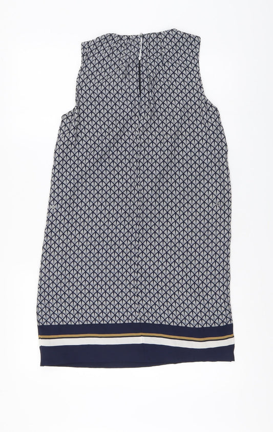 H&M Womens Blue Geometric Polyester A-Line Size 6 Round Neck Button