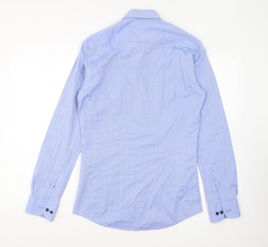 Remus Uomo Mens Blue Geometric Polyester Button-Up Size 14.5 Collared Button