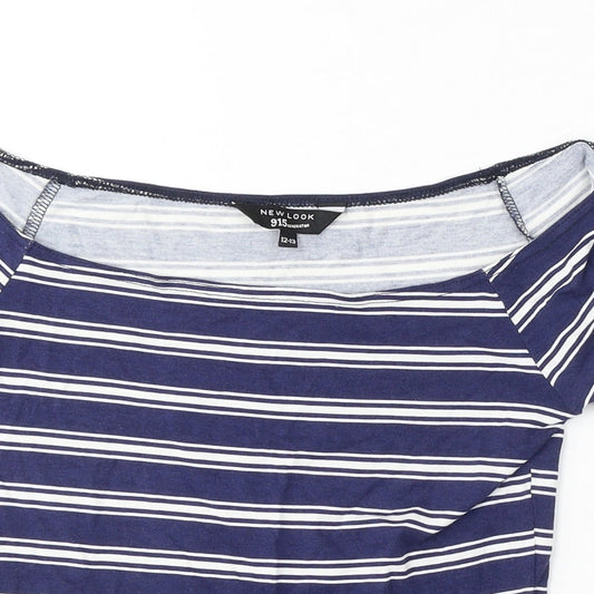 915 Generation Girls Blue Striped Cotton Basic Blouse Size 12-13 Years Off the Shoulder Pullover