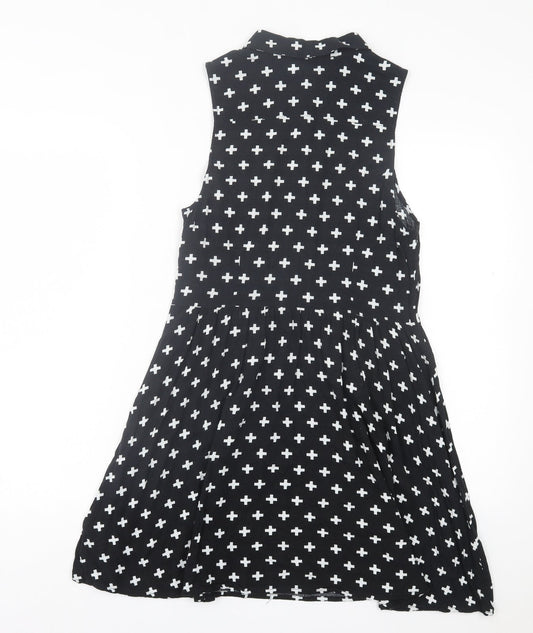 H&M Womens Black Geometric Viscose A-Line Size 12 Collared Zip - Cross Print