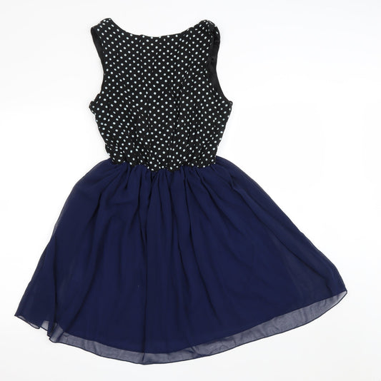 Angel Eye Womens Blue Polka Dot Polyester Fit & Flare Size L Scoop Neck