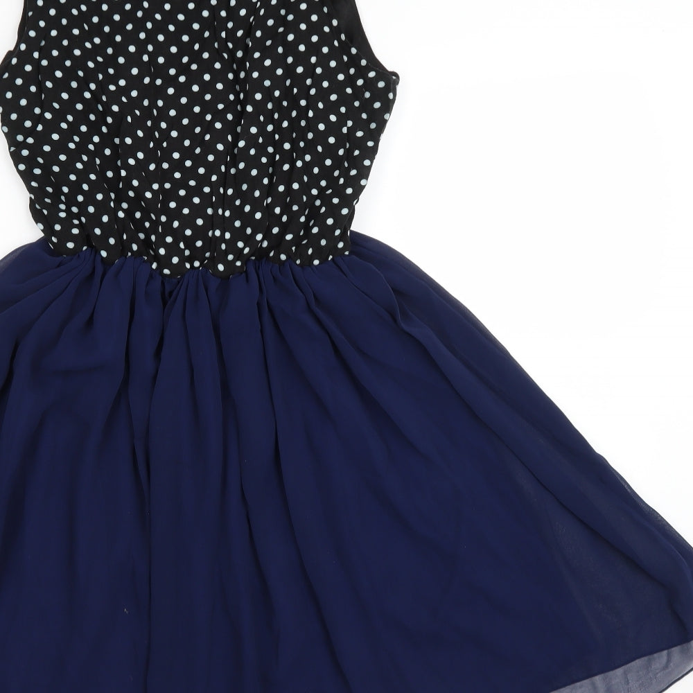 Angel Eye Womens Blue Polka Dot Polyester Fit & Flare Size L Scoop Neck