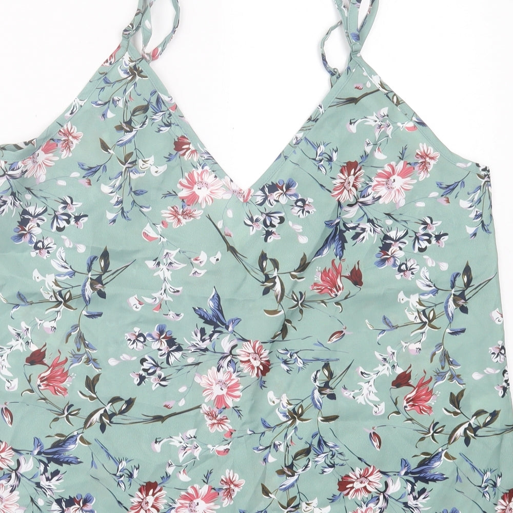 SheIn Womens Green Floral Polyester Basic Tank Size L V-Neck