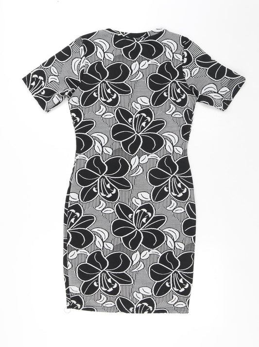 Peacocks Womens Black Floral Polyester A-Line Size 8 Round Neck - Flowers