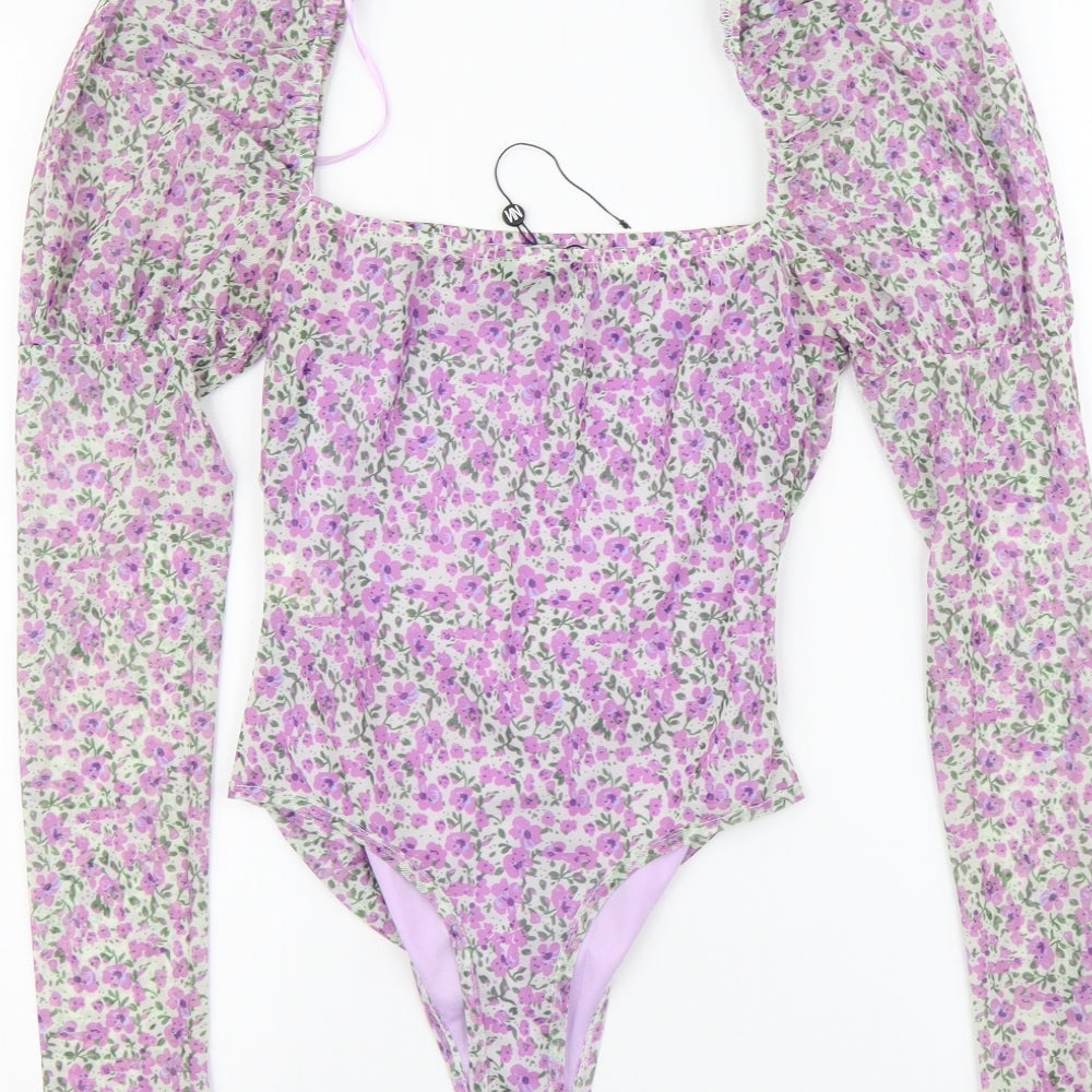 Naanaa Womens Purple Floral Polyester Bodysuit One-Piece Size 8 Button