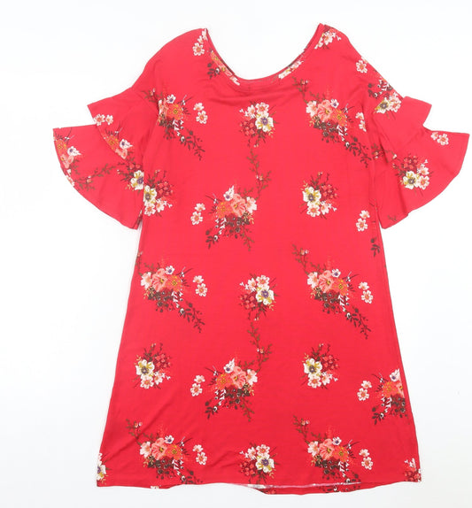 George Womens Red Floral Viscose A-Line Size 10 Crew Neck Pullover - Frill Sleeves
